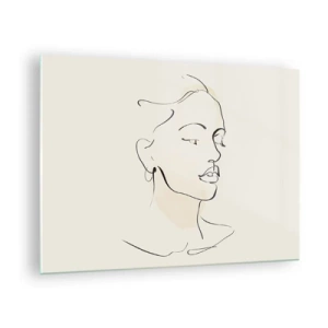 Quadro su vetro - Ritratto femminile lineare su uno sfondo chiaro con ombre delicate. - 70x50cm - Linea sicura - Decorazione murale moderna per soggiorno e camera da letto ARTTOR