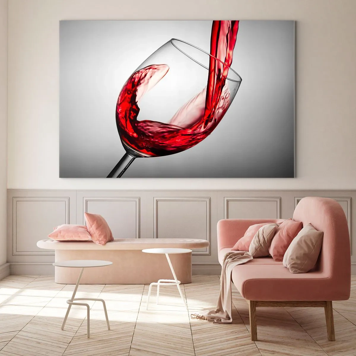 Quadro su vetro - Vino rosso versato in un bicchiere su uno sfondo chiaro - 70x50cm - Colore - movimento - suono - Decorazione murale moderna per soggiorno e camera da letto ARTTOR