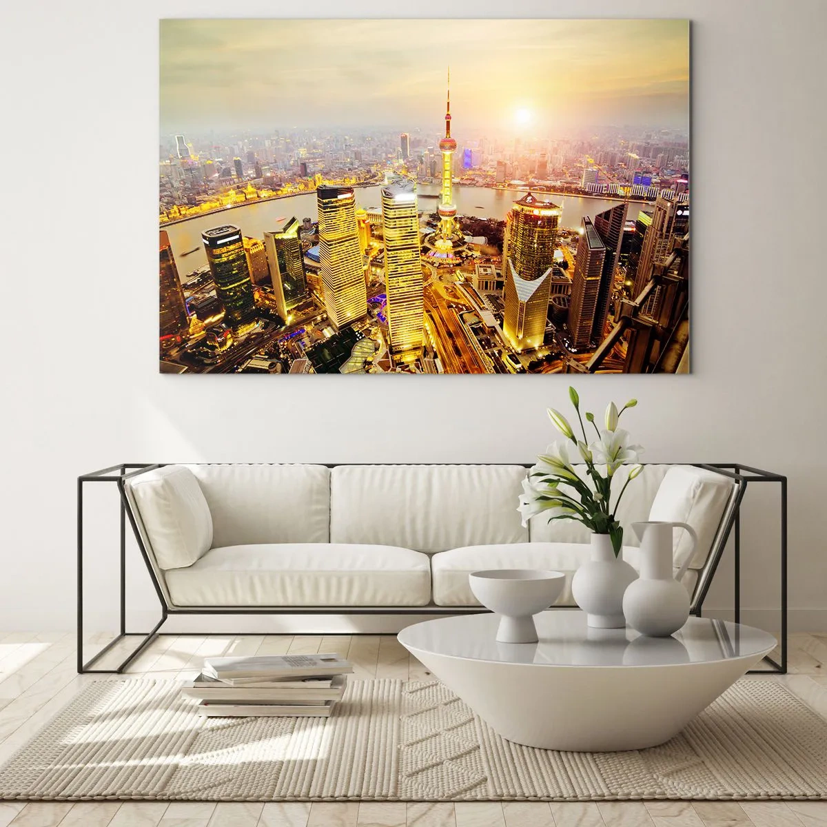 Quadro su vetro - Panorama della città al tramonto con grattacieli - 70x50cm - Sogno asiatico - Decorazione murale moderna per soggiorno e camera da letto ARTTOR