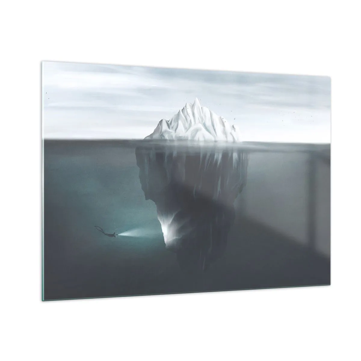 Quadro su vetro - Un iceberg con un subacqueo che esplora la parte sottomarina - 100x70cm - Mistero sottomarino - Decorazione murale moderna per soggiorno e camera da letto ARTTOR