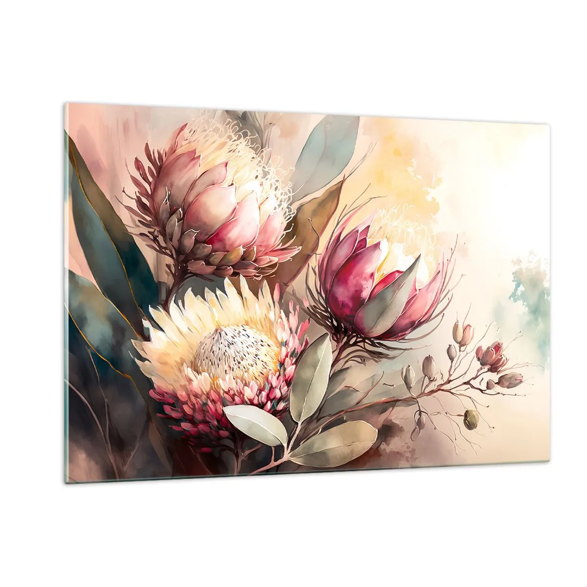 Quadro su vetro - Fiori di protea in colori pastello su uno sfondo artistico - 120x80cm - Di profilo e di fronte - Decorazione murale moderna per soggiorno e camera da letto ARTTOR