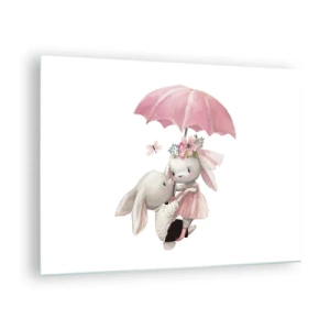 Quadro su vetro - Due conigli sotto un ombrello rosa in una scena romantica - 70x50cm - Questo è proprio amore - Decorazione murale moderna per soggiorno e camera da letto ARTTOR
