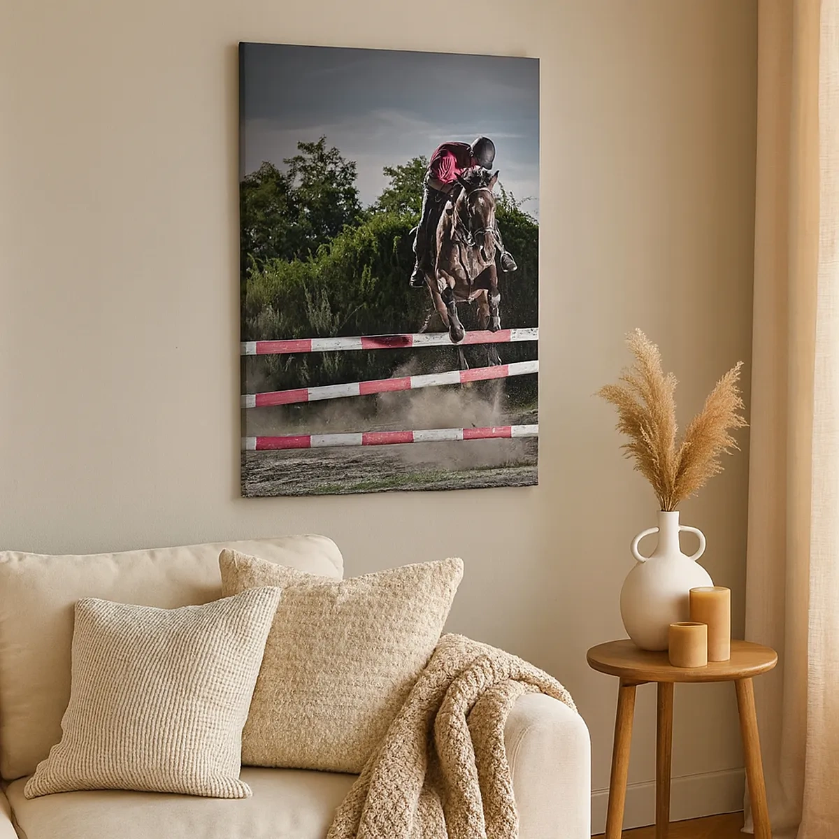 Quadro su tela - Stampe su Tela - Un cavaliere su un cavallo che salta un ostacolo su una pista da corsa - 50x70cm - Insieme fino alla vittoria - Decorazione murale moderna per soggiorno e camera da letto ARTTOR