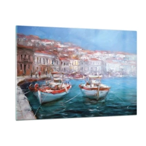 Quadro su vetro - Porto di pescatori con barche sullo sfondo di edifici italiani e cielo azzurro - 120x80cm - Golfo italiano - Decorazione murale moderna per soggiorno e camera da letto ARTTOR