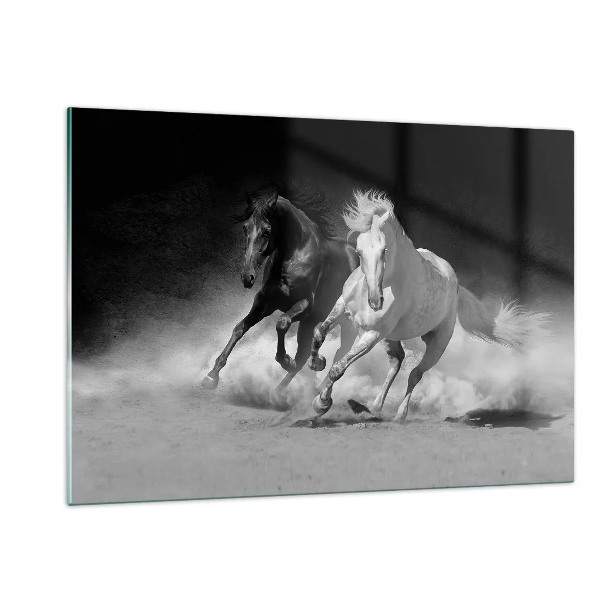 Quadro su vetro - Cavalli in corsa in bianco e nero - 120x80cm - Il galoppo della libertà - Decorazione murale moderna per soggiorno e camera da letto ARTTOR