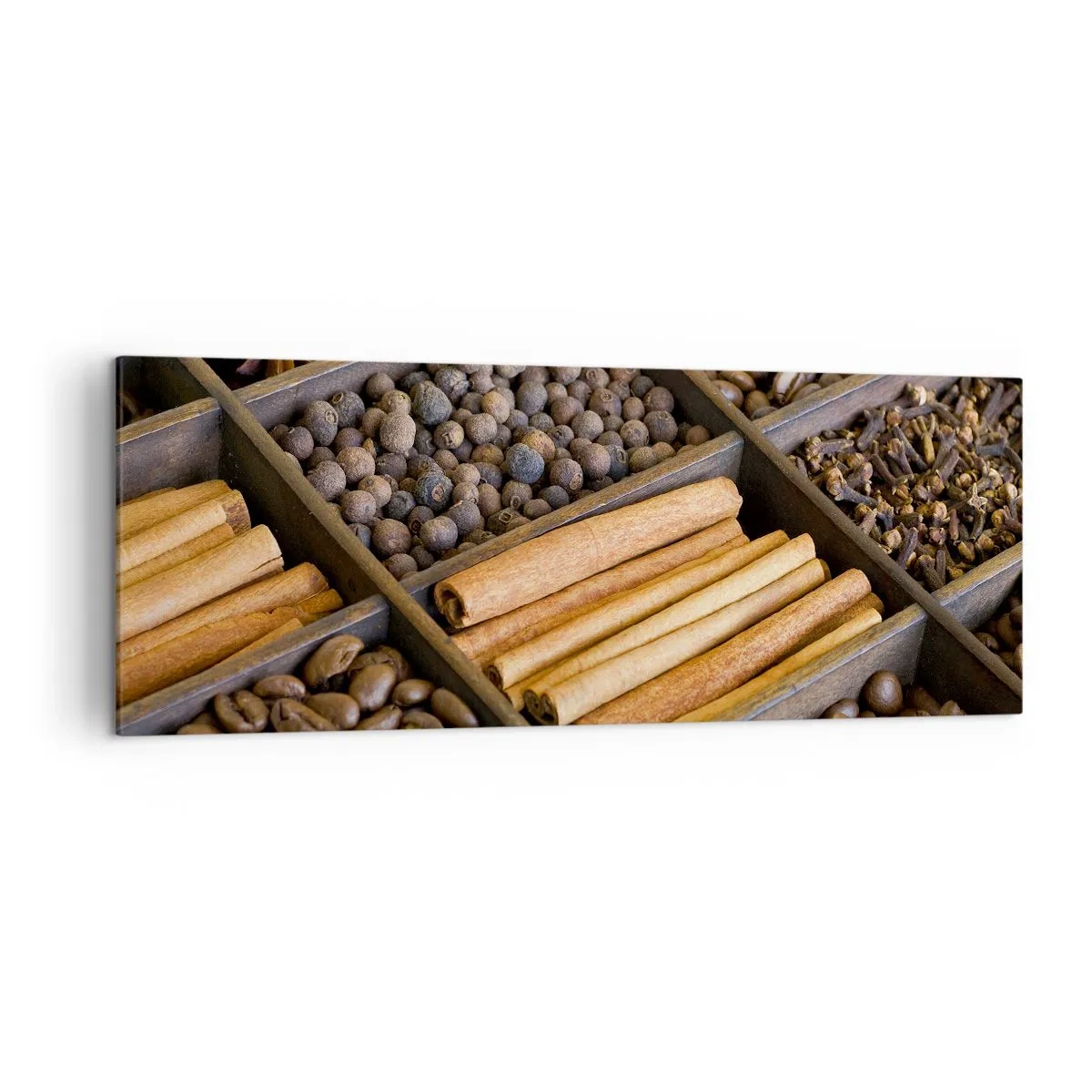 Quadro su tela - Stampe su Tela - Spezie e caffè in scomparti di legno - 140x50cm - Il tesoro degli aromi - Decorazione murale moderna per soggiorno e camera da letto ARTTOR