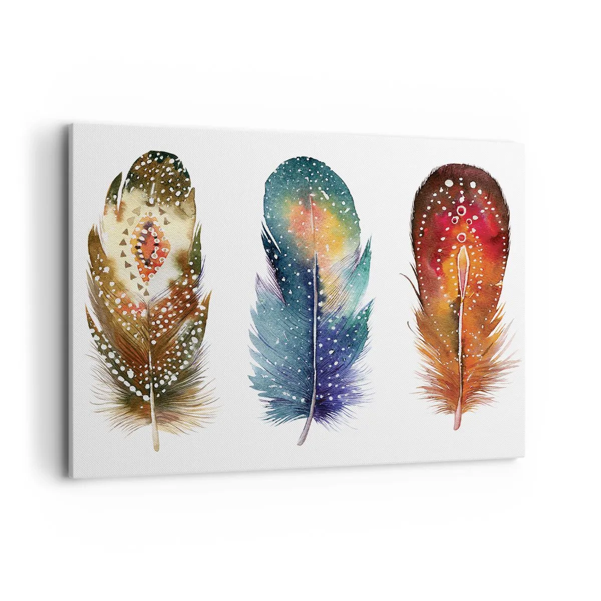 Quadro su tela - Stampe su Tela - Tre piume colorate con motivi artistici su uno sfondo chiaro - 100x70cm - Cerimonie, riti, misteri - Decorazione murale moderna per soggiorno e camera da letto ARTTOR