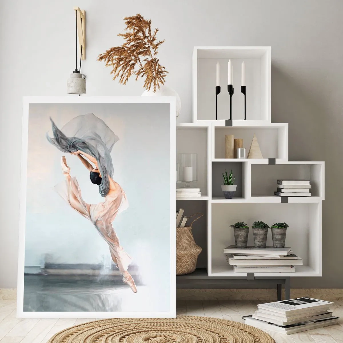 Poster - Una ballerina che balla con uno scialle delicato su uno sfondo chiaro - 50x70cm - Nell'estasi della danza - Decorazione murale moderna per soggiorno e camera da letto ARTTOR