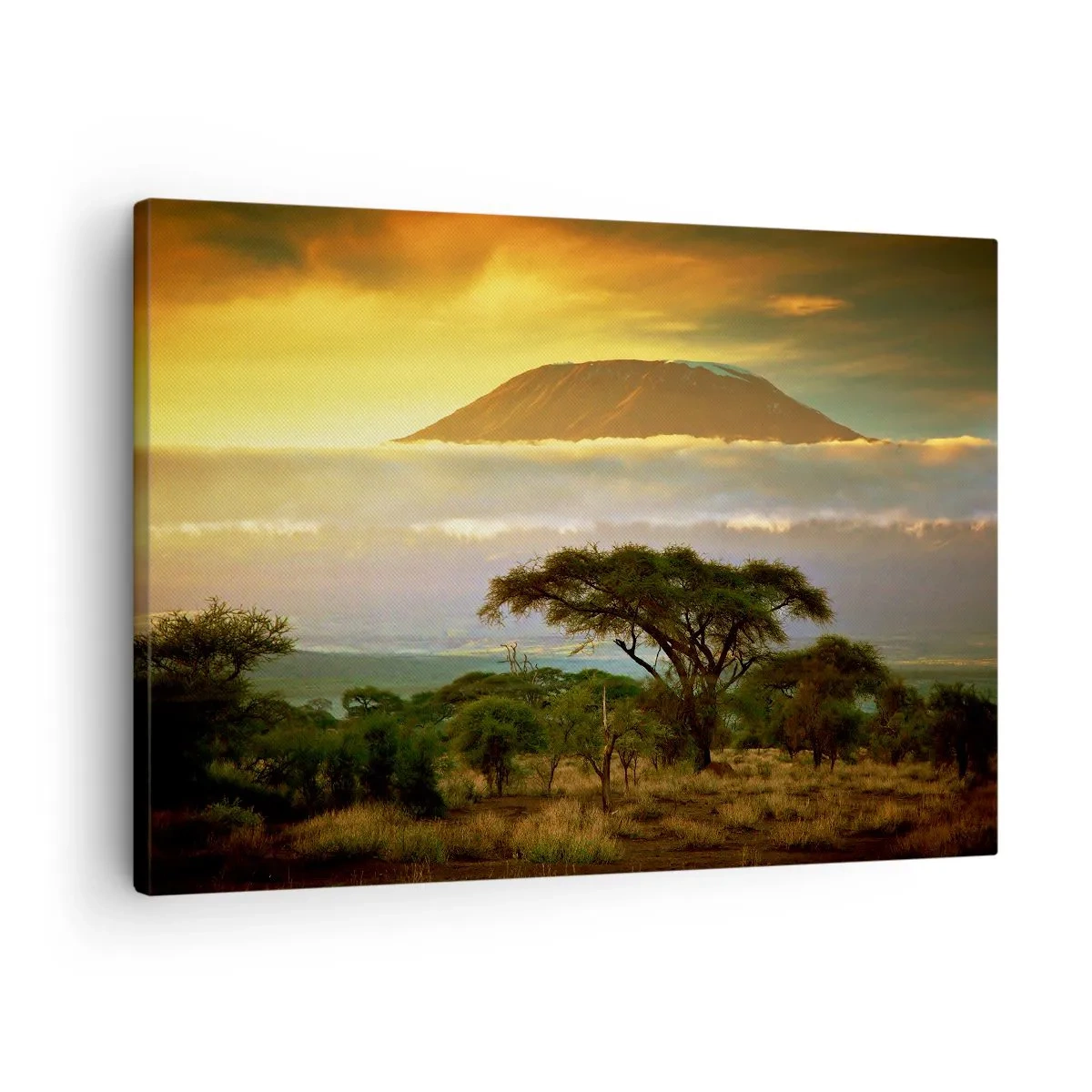 Quadro su tela - Stampe su Tela - Paesaggio africano con il Kilimangiaro all'alba - 70x50cm - Il sogno del viaggiatore - Decorazione murale moderna per soggiorno e camera da letto ARTTOR