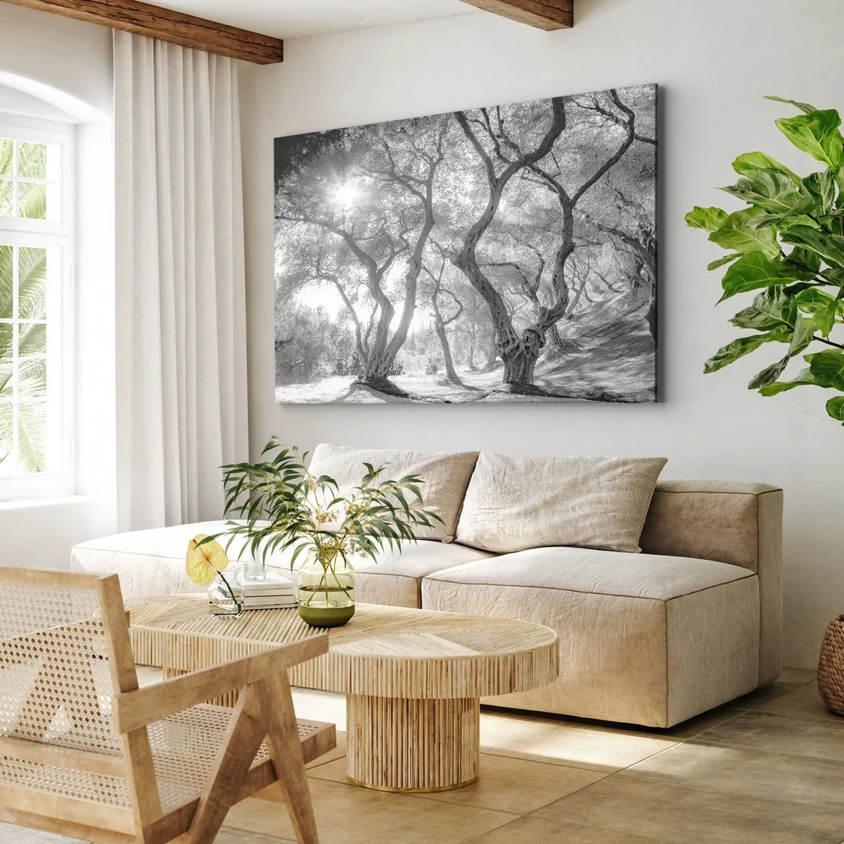 Quadro su tela - Stampe su Tela - Vista in bianco e nero degli alberi in un uliveto con raggi di sole - 120x80cm - Nell'orto degli ulivi - Decorazione murale moderna per soggiorno e camera da letto ARTTOR