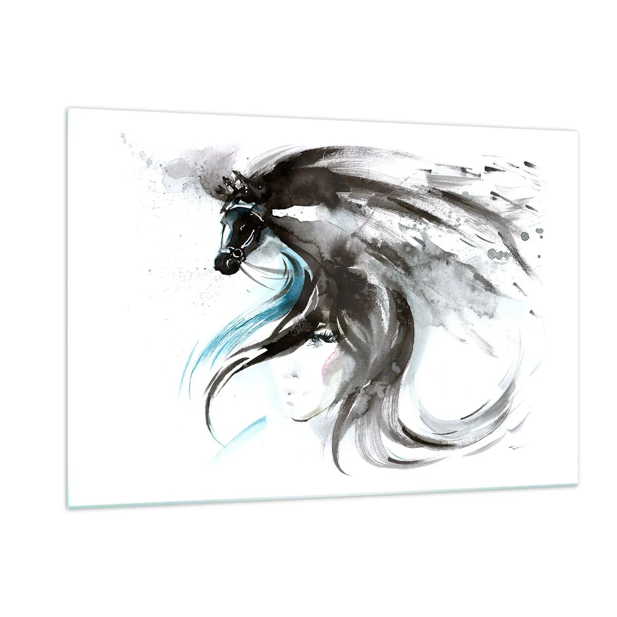 Quadro su vetro - Ritratto di una donna e di un cavallo in una composizione artistica e dinamica - 120x80cm - Il galoppo del Principe Nero - Decorazione murale moderna per soggiorno e camera da letto ARTTOR