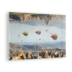 Quadro su vetro - Palloncini colorati sopra il paesaggio roccioso della Cappadocia - 70x50cm - Qui tutto è possibile - Decorazione murale moderna per soggiorno e camera da letto ARTTOR