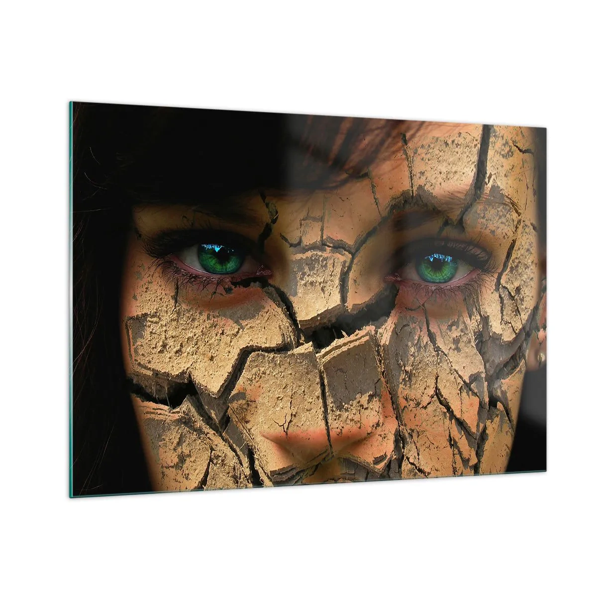 Quadro su vetro - Volto di donna con effetto terra screpolata - 100x70cm - Meraviglia e minaccia insieme - Decorazione murale moderna per soggiorno e camera da letto ARTTOR