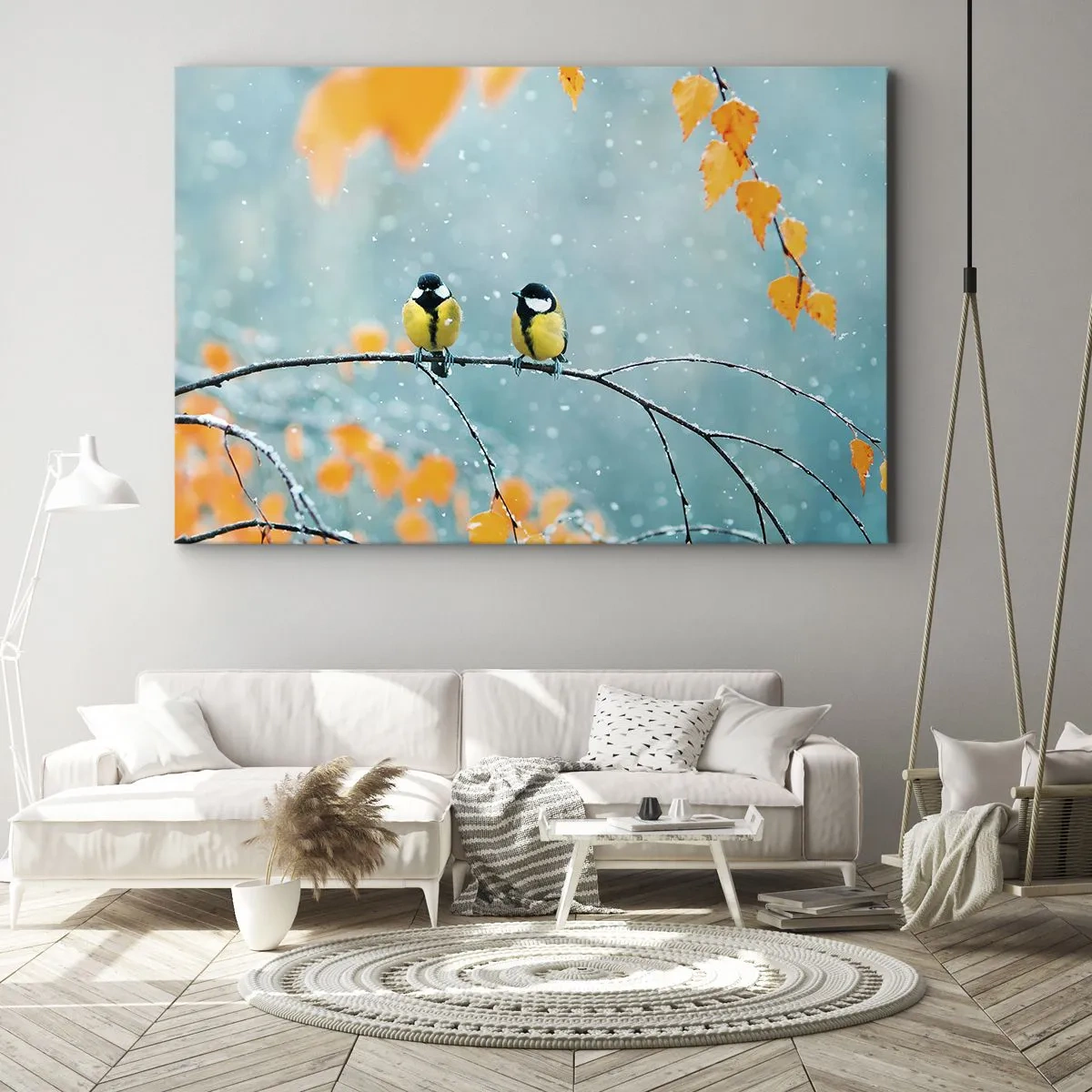Quadro su tela - Stampe su Tela - Due uccelli su un ramo in un ambiente invernale con foglie gialle. - 100x70cm - Pettegolezzi alati - Decorazione murale moderna per soggiorno e camera da letto ARTTOR