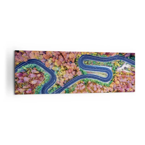 Quadro su tela - Stampe su Tela - Una strada tortuosa in una foresta autunnale vista a volo d'uccello - 160x50cm - Via tortuosa attraverso il bosco - Decorazione murale moderna per soggiorno e camera da letto ARTTOR