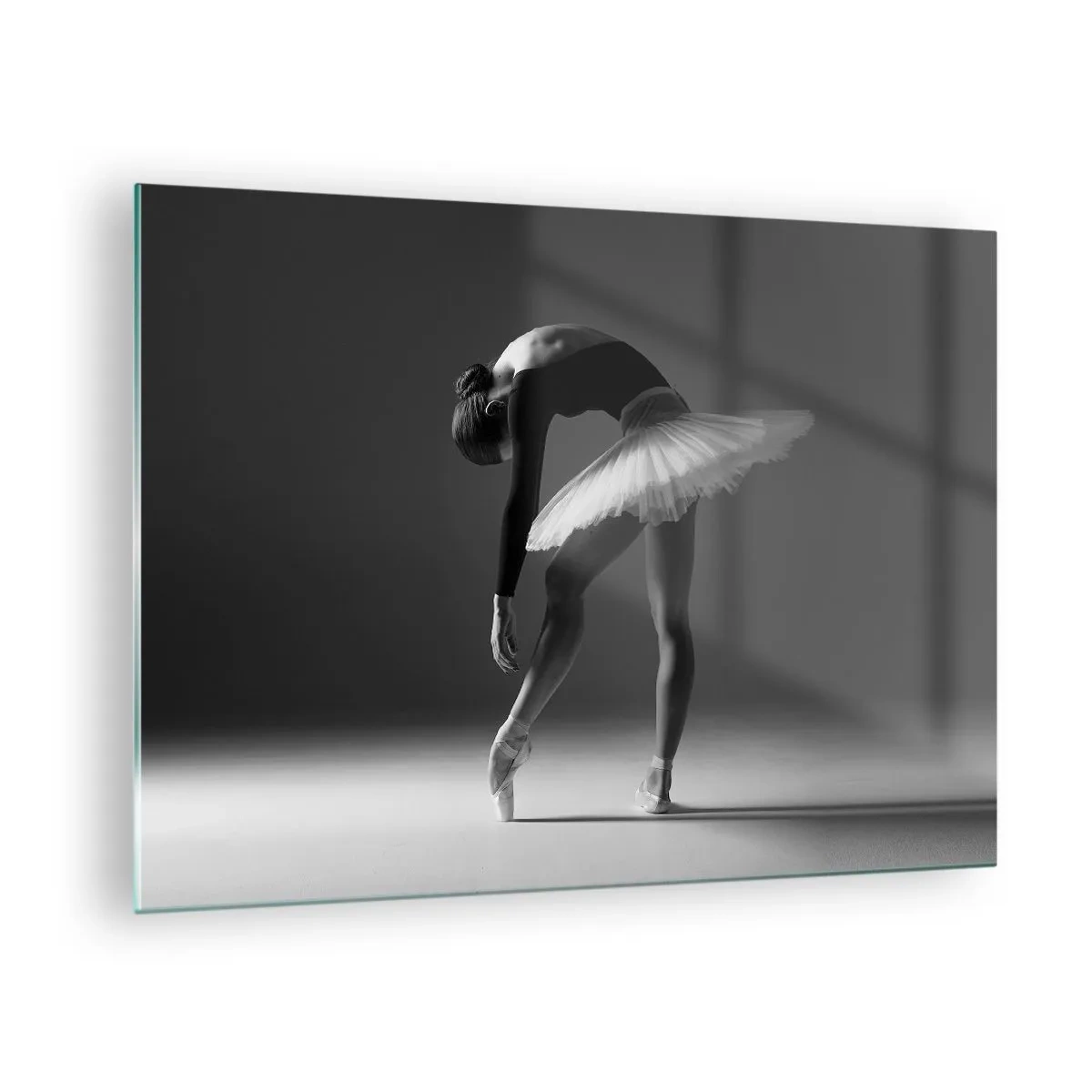 Quadro su vetro - Silhouette in bianco e nero di una ballerina in una posa aggraziata - 70x50cm - Bella ballerina - Decorazione murale moderna per soggiorno e camera da letto ARTTOR
