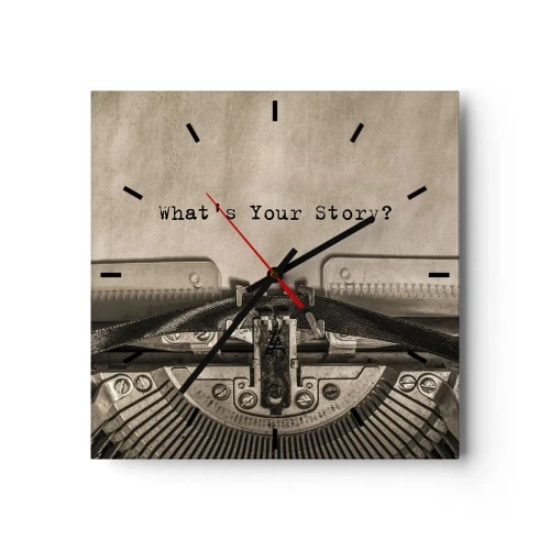 Orologio da parete - Orologio in Vetro - Una macchina da scrivere con la scritta "Qual è la tua storia?" - 30x30cm - Rispondimi - Decorazione murale moderna per soggiorno e camera da letto ARTTOR