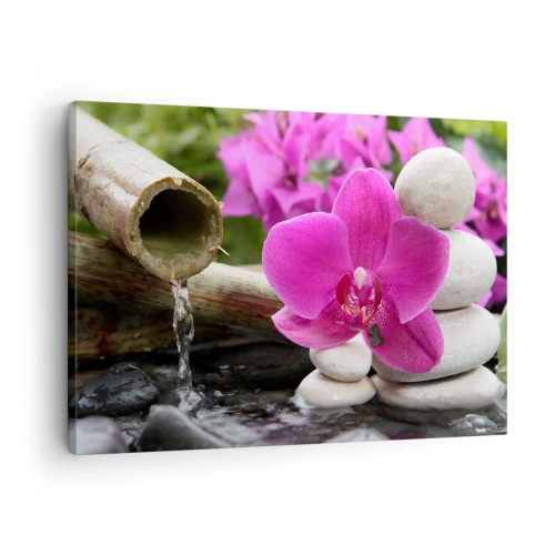 Quadro su tela - Stampe su Tela - Orchidea viola, pietre e bambù con acqua in un ambiente rilassante - 70x50cm - E già ti riposi - Decorazione murale moderna per soggiorno e camera da letto ARTTOR