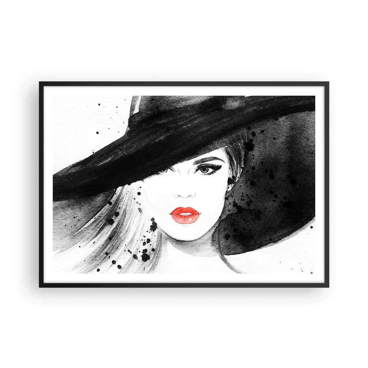 Poster in cornice nera - Ritratto di una donna con un cappello e labbra rosse - 100x70cm - Donna in nero - Decorazione murale moderna per soggiorno e camera da letto ARTTOR