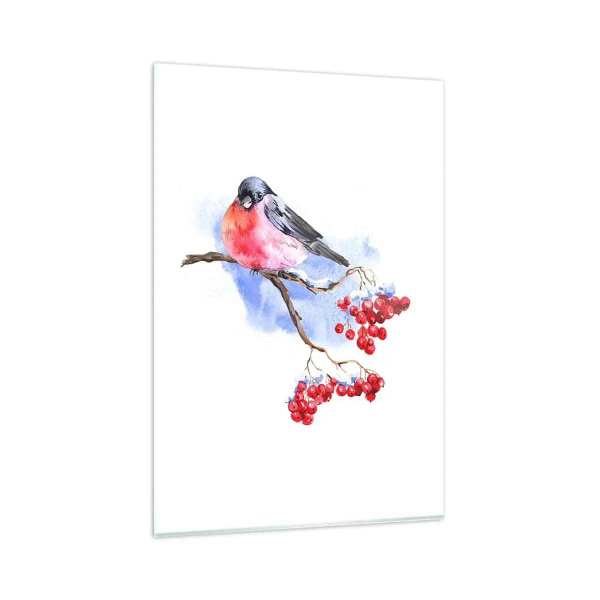 Quadro su vetro - Uccello su un ramo con frutta rossa sullo sfondo acquerello - 80x120cm - L'inverno a colori - Decorazione murale moderna per soggiorno e camera da letto ARTTOR