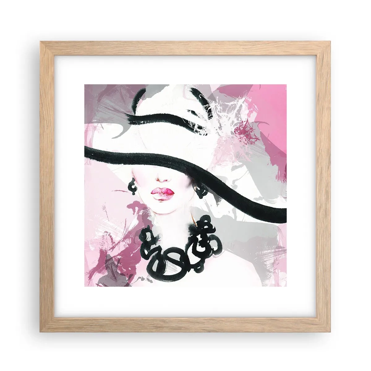 Poster in cornice rovere chiaro - Ritratto di donna in nero e rosa - 30x30 cm