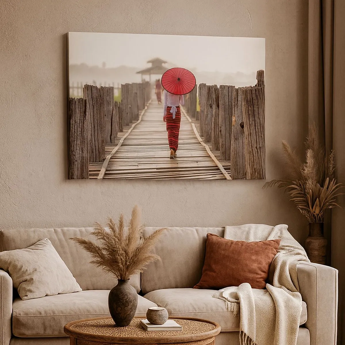 Quadro su tela - Stampe su Tela - Una donna con un ombrello rosso su un ponte di legno - 70x50cm - Sul vecchio ponte - Decorazione murale moderna per soggiorno e camera da letto ARTTOR