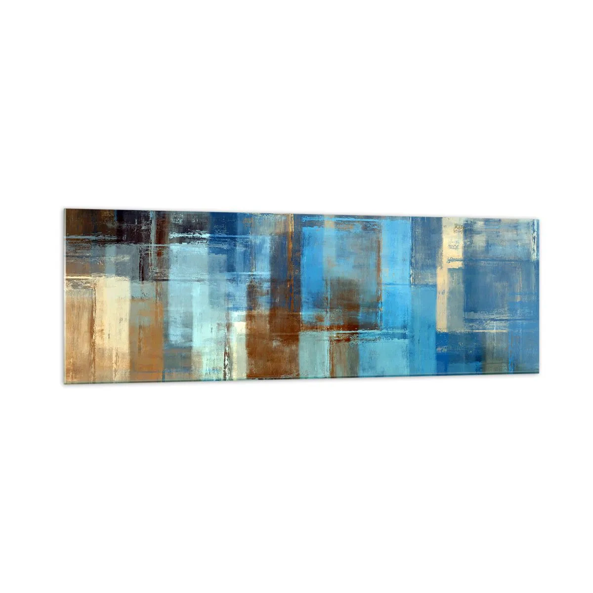 Quadro su vetro - Composizione geometrica astratta nei toni del blu e del marrone - 160x50cm - Attraverso la tenda blu - Decorazione murale moderna per soggiorno e camera da letto ARTTOR