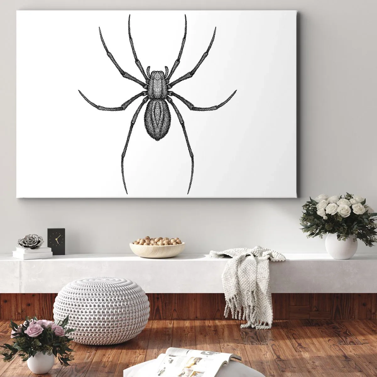Quadro su tela - Stampe su Tela - Dettaglio di un ragno su sfondo bianco in stile cartone animato - 120x80cm - Precisione inquietante - Decorazione murale moderna per soggiorno e camera da letto ARTTOR
