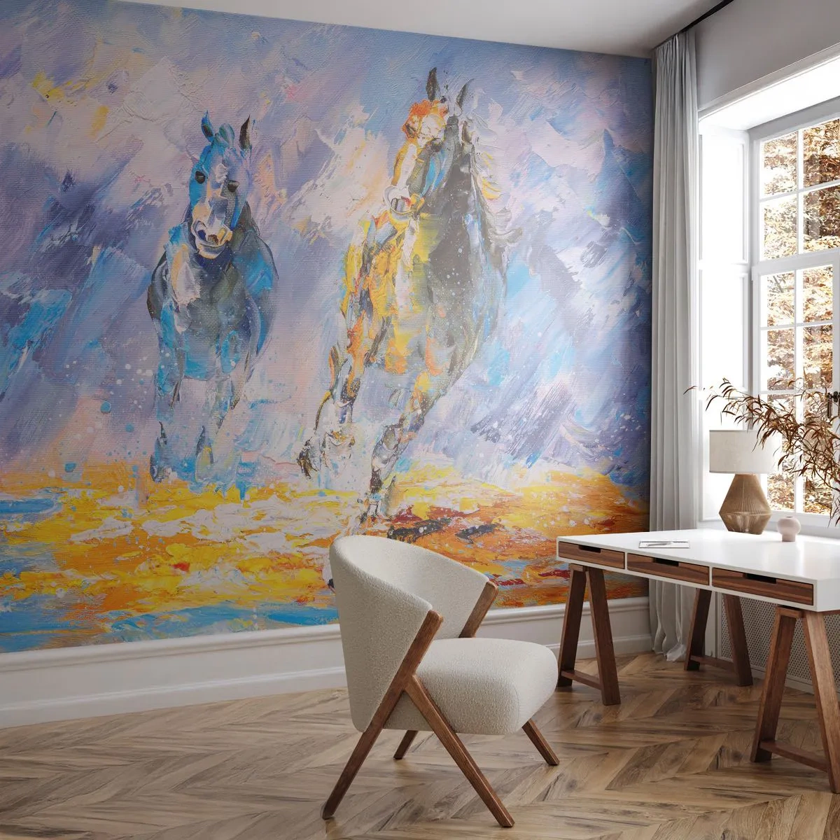 Fotomurali Premium Sand - Al galoppo nella luce - Animali, Cavalli, Impressionismo - 300x210 cm