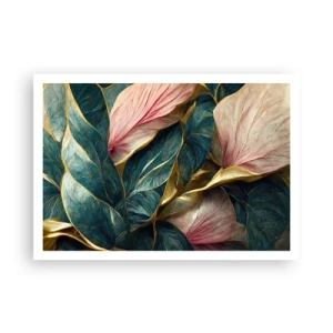 Poster - Eleganti foglie in verde, oro e rosa - 100x70cm - Stile ed eleganza naturali - Decorazione murale moderna per soggiorno e camera da letto ARTTOR