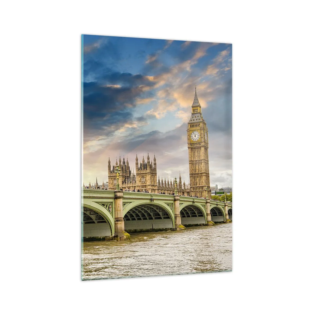 Quadro su vetro - Il Big Ben e il ponte di Westminster contro il cielo al tramonto - 70x100cm - Nell'Impero il tempo si è fermato - Decorazione murale moderna per soggiorno e camera da letto ARTTOR