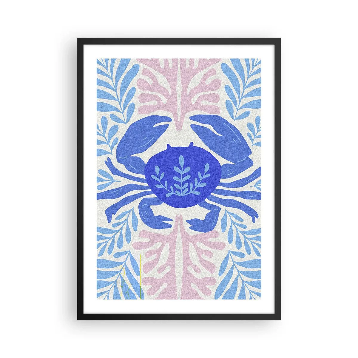 Poster in cornice nera - Un granchio blu decorativo circondato da piante marine. - 50x70cm - Come un fiore del mare - Decorazione murale moderna per soggiorno e camera da letto ARTTOR