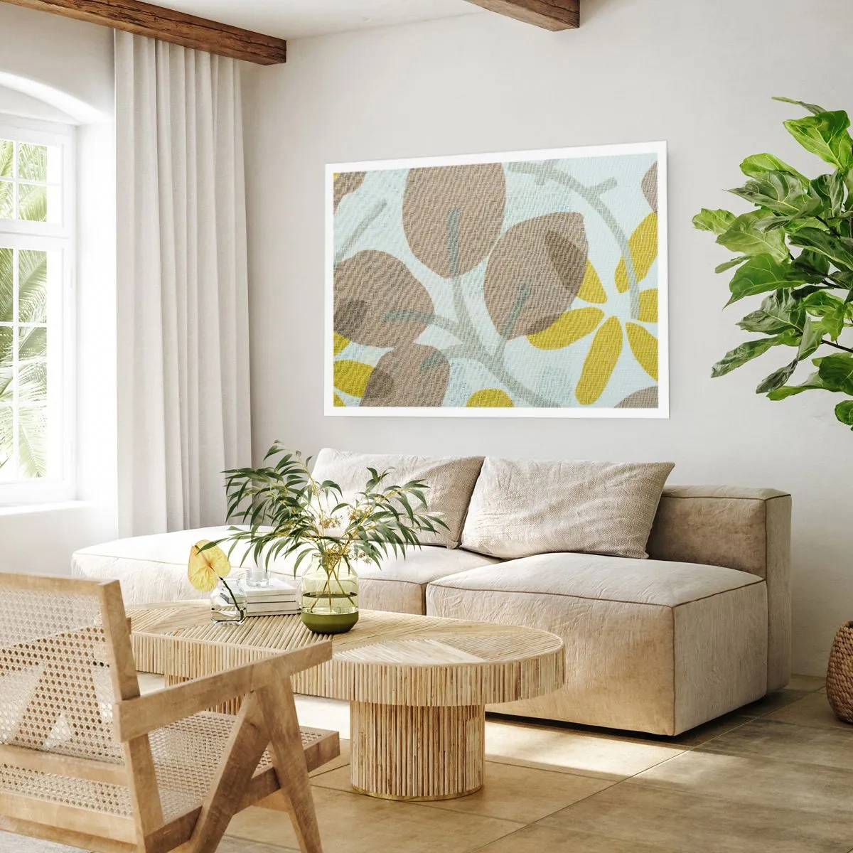 Poster - Foglie astratte nei toni del beige e del giallo - 100x70cm - Composizione sotto al sole - Decorazione murale moderna per soggiorno e camera da letto ARTTOR