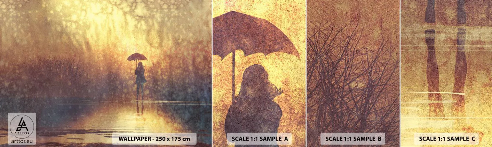 Campione di Fotomurale Adesivo Deluxe Sticker - Sento che qualcuno mi guarda - Astrazione, Donna, Camminare sotto la pioggia - 100x30 cm