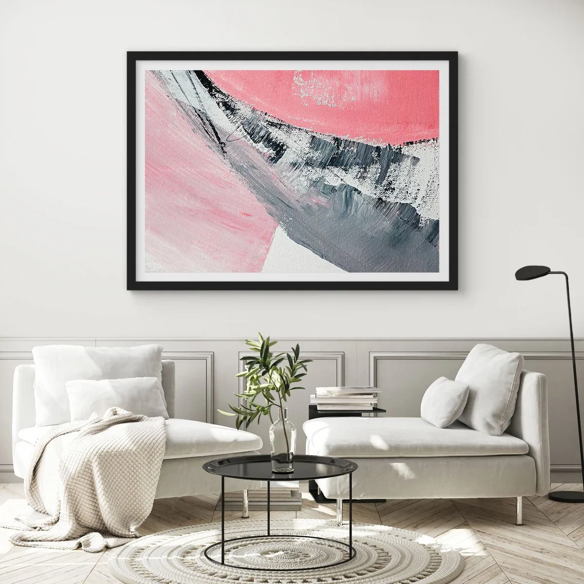 Poster in cornice nera - Una composizione astratta nei toni del rosa e del grigio. - 100x70cm - Composizione abbinata - Decorazione murale moderna per soggiorno e camera da letto ARTTOR