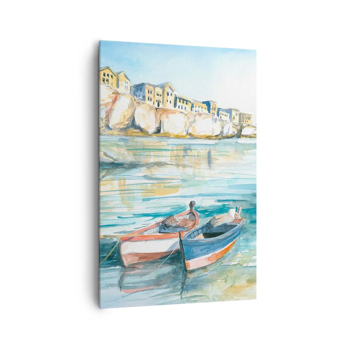 Quadro su tela - Stampe su Tela - Un pittoresco paesaggio costiero con barche sull'acqua - 80x120cm - Paesaggio in azzurro - Decorazione murale moderna per soggiorno e camera da letto ARTTOR