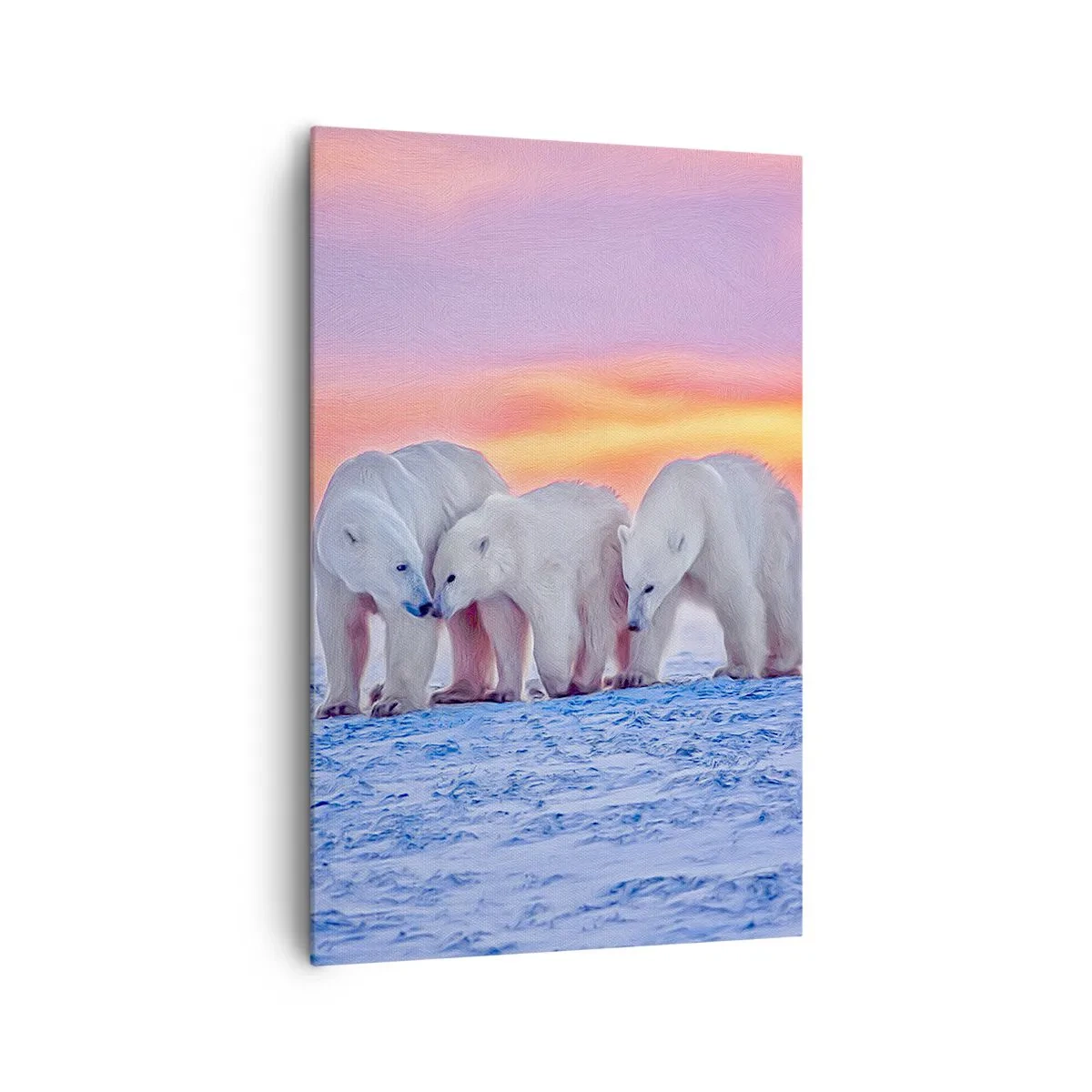Quadro su tela - Stampe su Tela - Tre orsi polari sullo sfondo di un tramonto artico - 80x120cm - Basta il calore della famiglia - Decorazione murale moderna per soggiorno e camera da letto ARTTOR