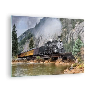 Quadro su vetro - Una locomotiva a vapore su un ponte in montagna - 70x50cm - Dove andiamo? - Decorazione murale moderna per soggiorno e camera da letto ARTTOR