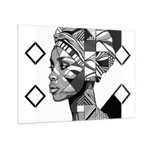 Quadro su vetro - Ritratto etnico in bianco e nero di una donna con motivi geometrici - 70x50cm - Ritratto etnico - Decorazione murale moderna per soggiorno e camera da letto ARTTOR