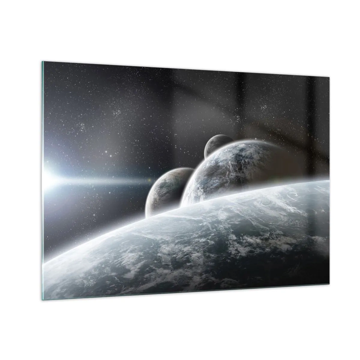 Quadro su vetro - Pianeti nello spazio con un raggio di luce - 100x70cm - La musica delle sfere celesti - Decorazione murale moderna per soggiorno e camera da letto ARTTOR