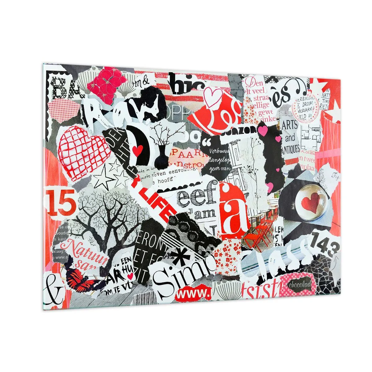 Quadro su vetro - Un collage di lettere, cuori e alberi in stile artistico. - 100x70cm - Collage hipster - Decorazione murale moderna per soggiorno e camera da letto ARTTOR
