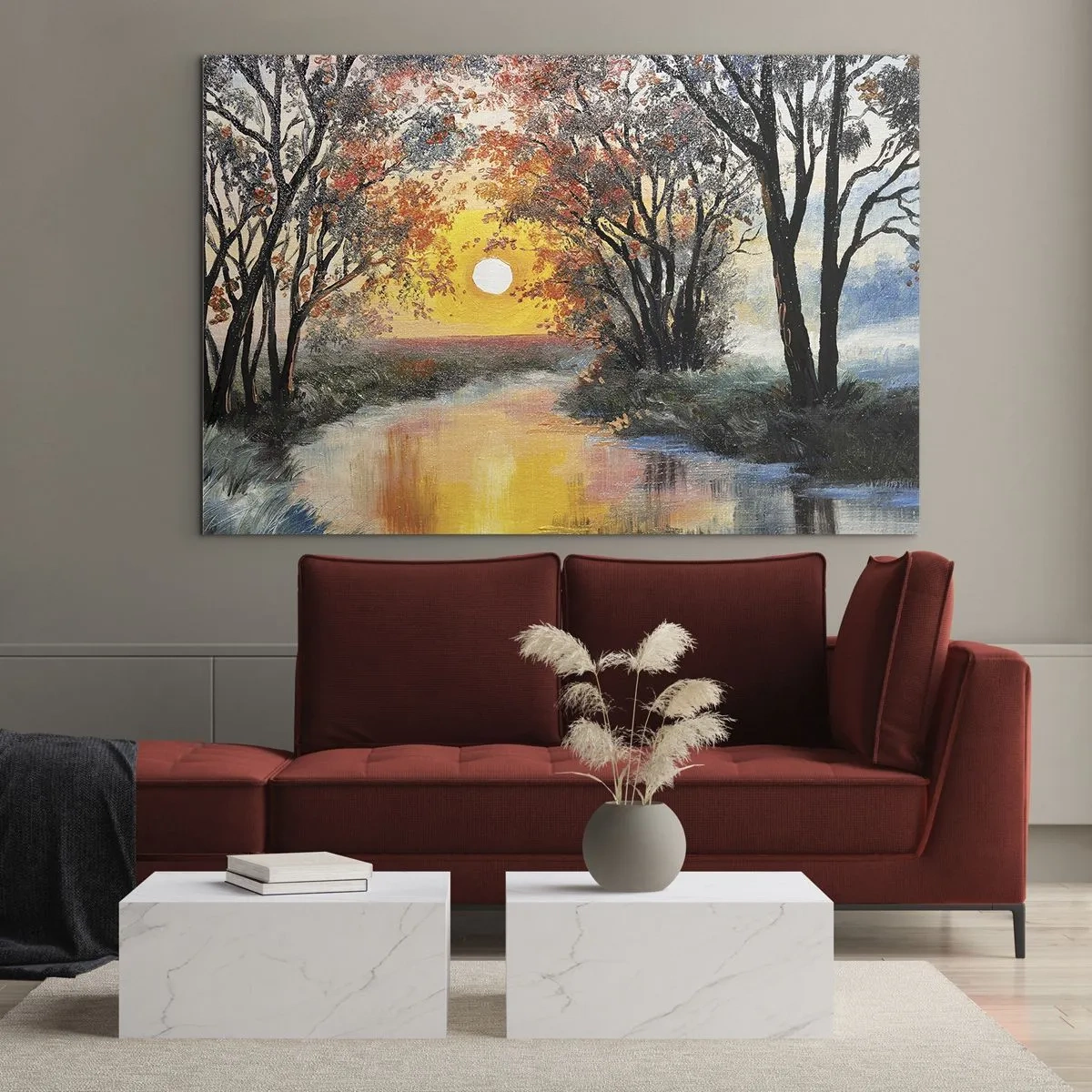 Quadro su vetro - Tramonto sul fiume tra gli alberi - 70x50cm - Atmosfera autunnale - Decorazione murale moderna per soggiorno e camera da letto ARTTOR