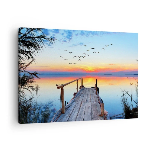 Quadro su tela - Stampe su Tela - Molo di legno sul lago al tramonto - 70x50cm - Il tempo del ritorno - Decorazione murale moderna per soggiorno e camera da letto ARTTOR