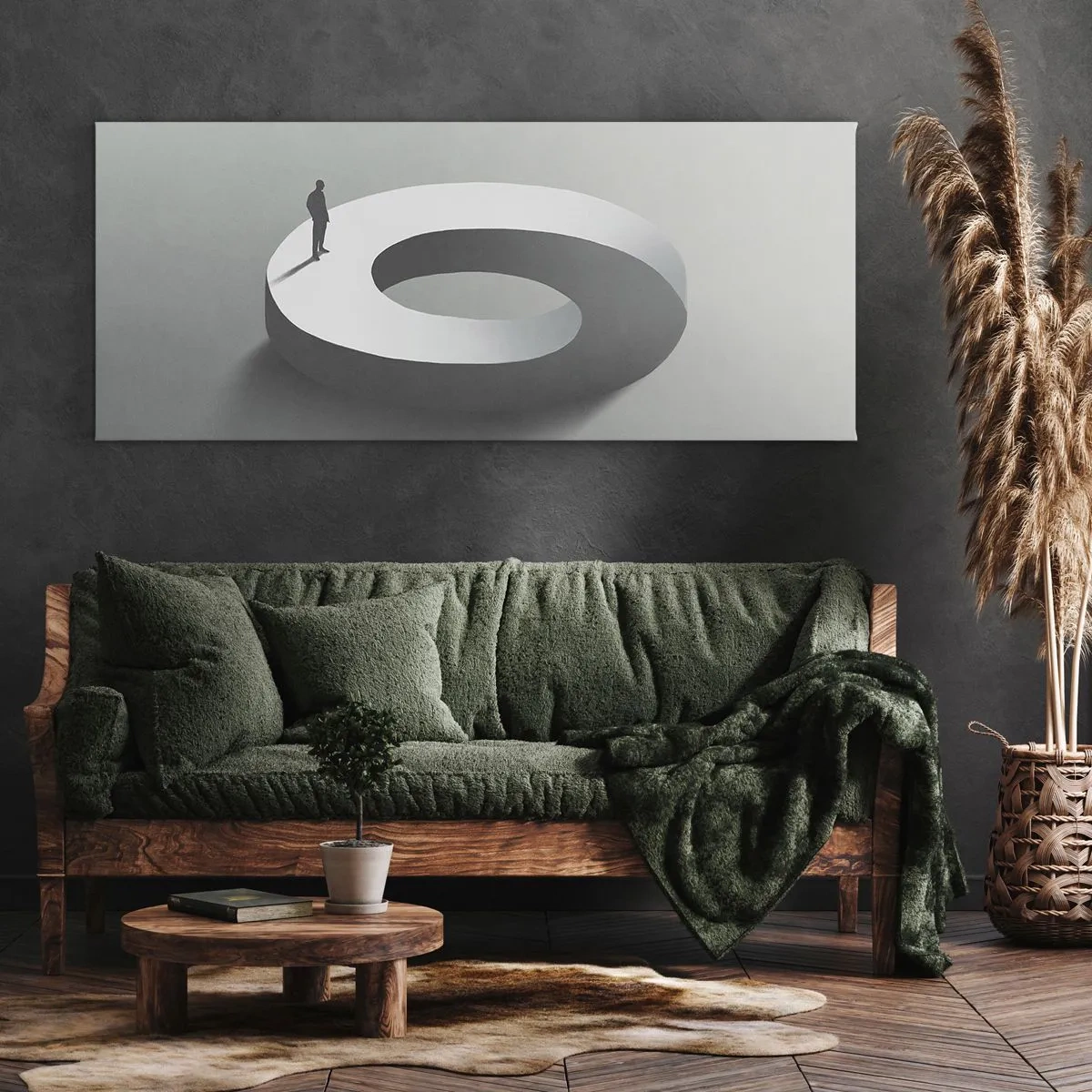 Quadro su tela - Stampe su Tela - Un uomo su una struttura grigia e astratta - 120x50cm - Prova a cavartela - Decorazione murale moderna per soggiorno e camera da letto ARTTOR