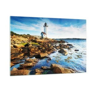 Quadro su vetro - Un faro su una costa rocciosa in una giornata di sole - 120x80cm - Tornate sani e salvi, vi aspetto - Decorazione murale moderna per soggiorno e camera da letto ARTTOR
