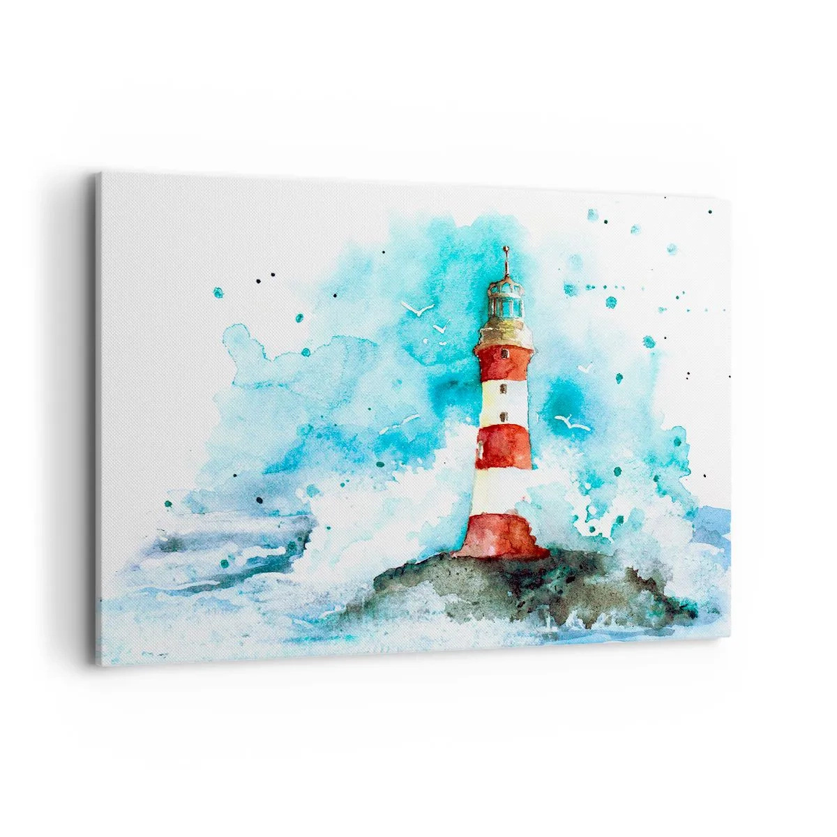 Quadro su tela - Stampe su Tela - Un faro in un ambiente acquerello con uno sfondo blu - 100x70cm - L'unità dei quattro elementi - Decorazione murale moderna per soggiorno e camera da letto ARTTOR