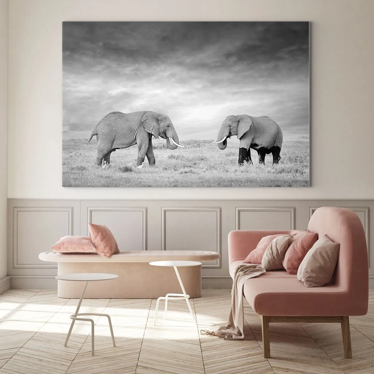 Quadro su vetro - Due elefanti nella savana nei toni del bianco e del nero - 100x70cm - Grigio è bello - Decorazione murale moderna per soggiorno e camera da letto ARTTOR