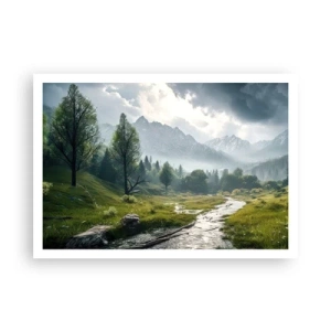 Poster - Un paesaggio montano con un fiume e alberi circondati da montagne nebbiose - 100x70cm - Andata e ritorno - Decorazione murale moderna per soggiorno e camera da letto ARTTOR