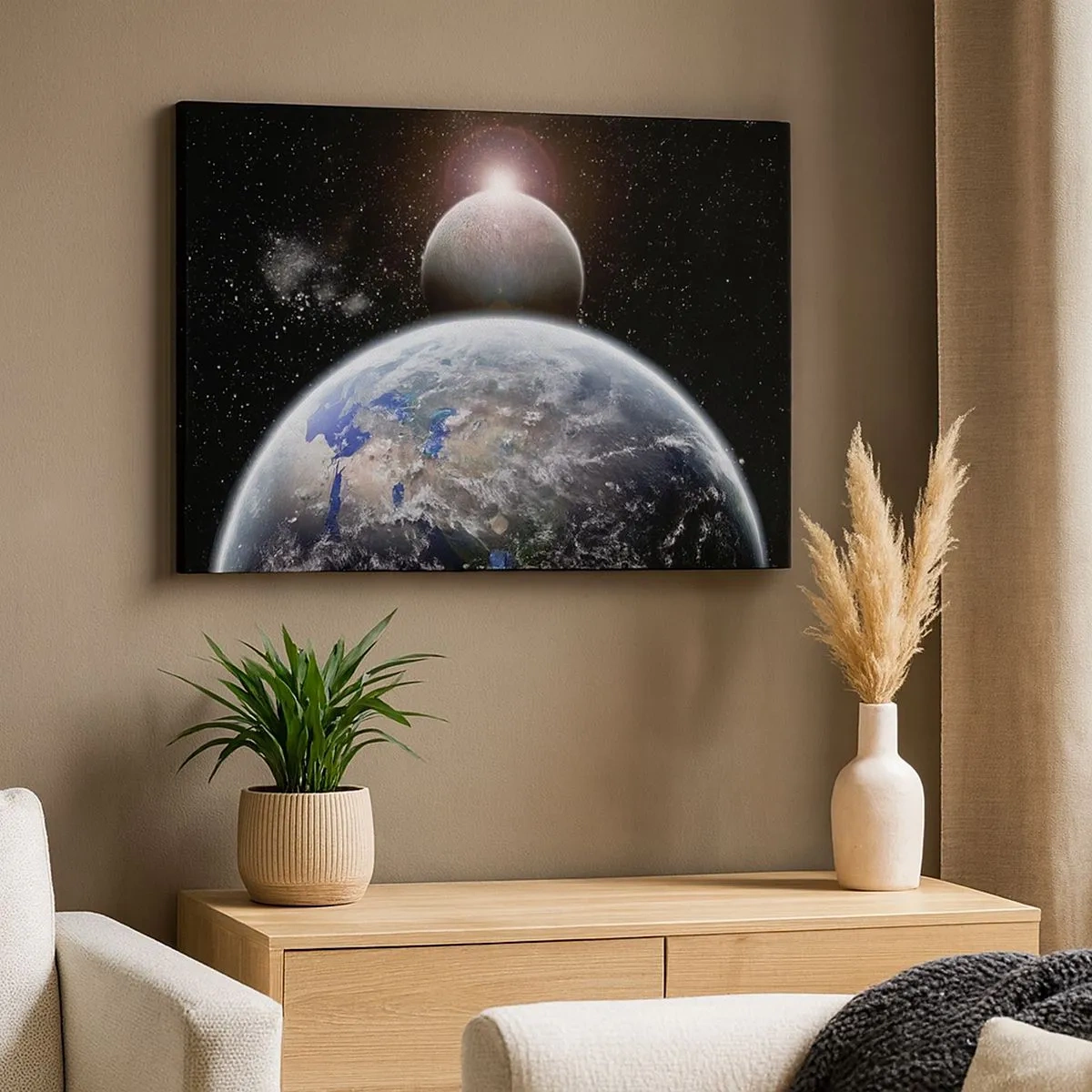 Quadro su tela - Stampe su Tela - Il pianeta Terra e la Luna sullo sfondo dello spazio stellato. - 70x50cm - Paesaggio cosmico: sorgere del sole - Decorazione murale moderna per soggiorno e camera da letto ARTTOR