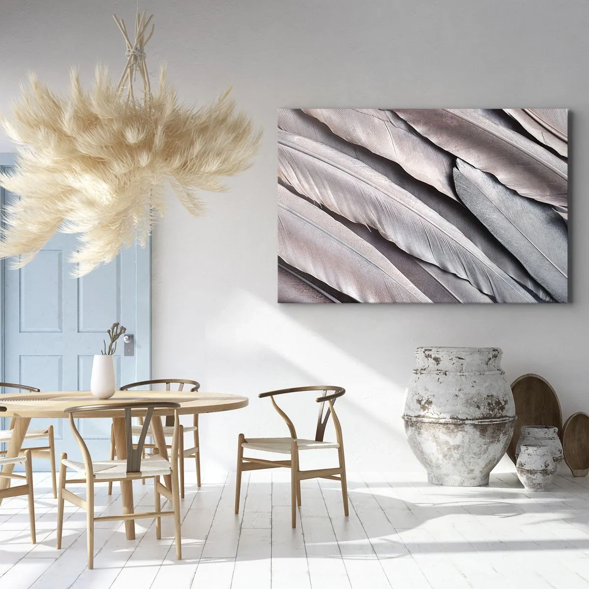 Quadro su tela - Stampe su Tela - Piume delicate in sottili tonalità di grigio e beige - 120x80cm - Argento rosato - Decorazione murale moderna per soggiorno e camera da letto ARTTOR